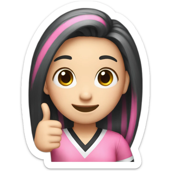 women with black Pink striped hair, a long long hair, pink eyes,korean, She raises a thumbs up, nervous, and smiles  sticker