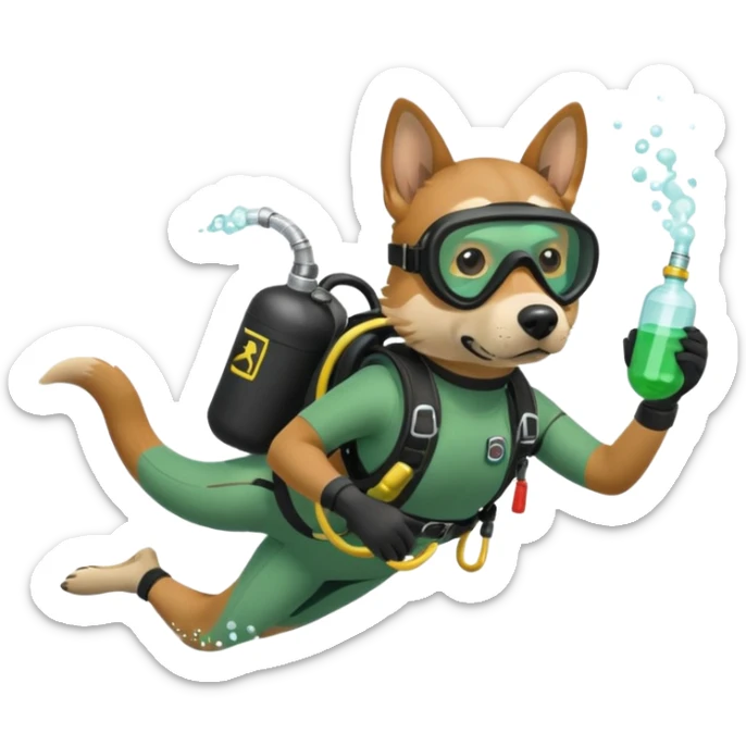 dog wearing scuba green gear dive into the sea with diver mask and oxygen tank sticker