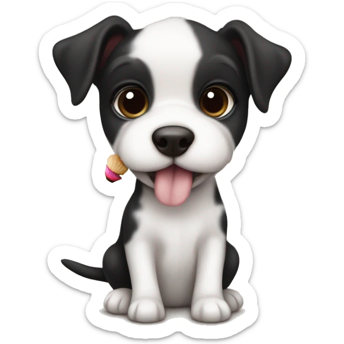 Cute big eyed Black and white teddy Roosevelt terrier puppy (no brown) eating a cupcake sticker