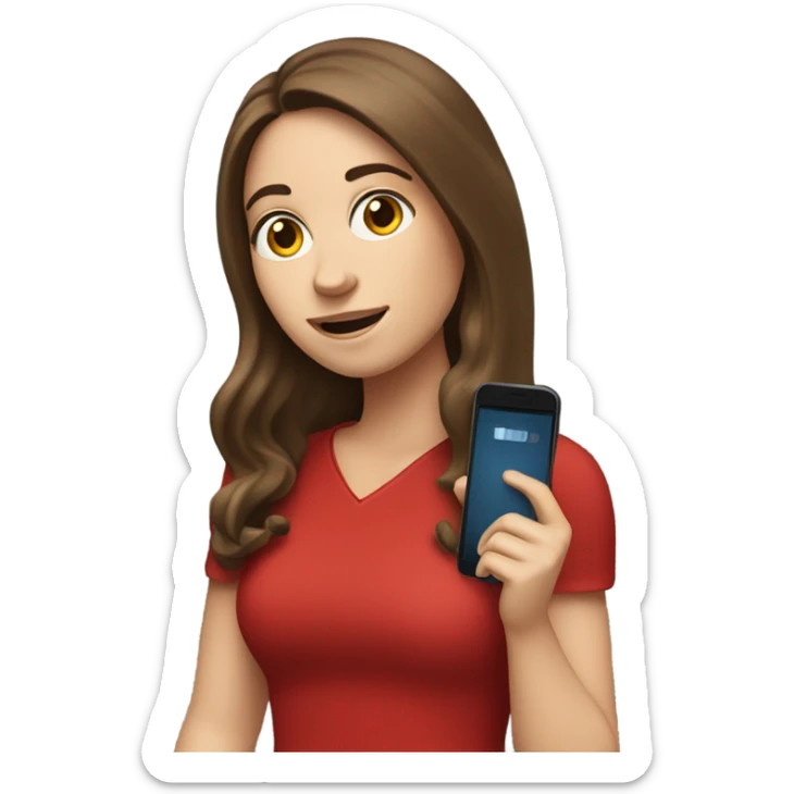 a white girl with long brown hair in a red dress holding a cell phone showing it sticker