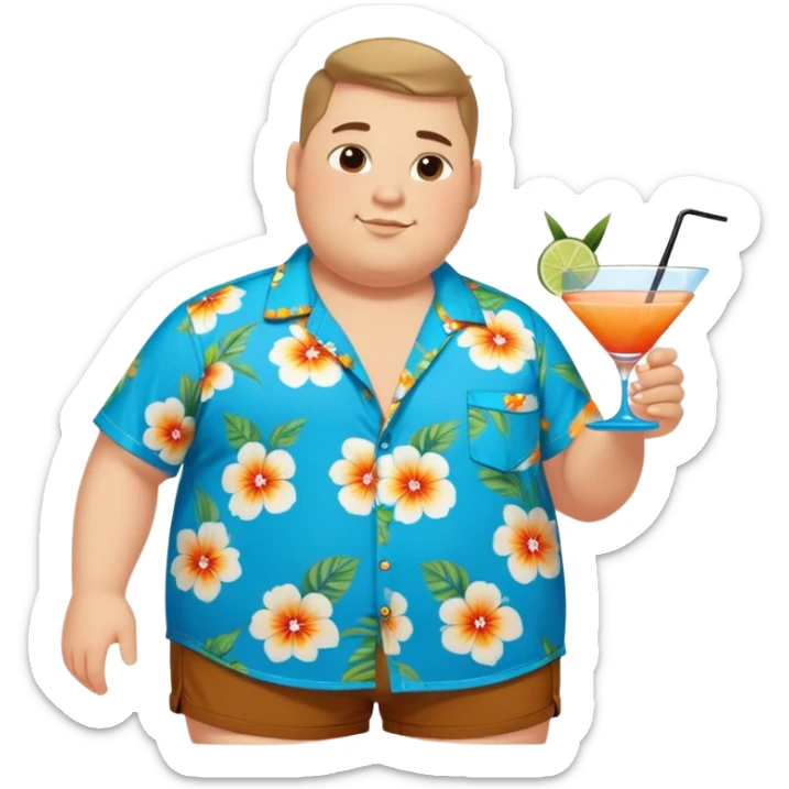 chubby guy full figure in a flowered azure havai shirt, brown shorts and flippers holding a cocktail sticker