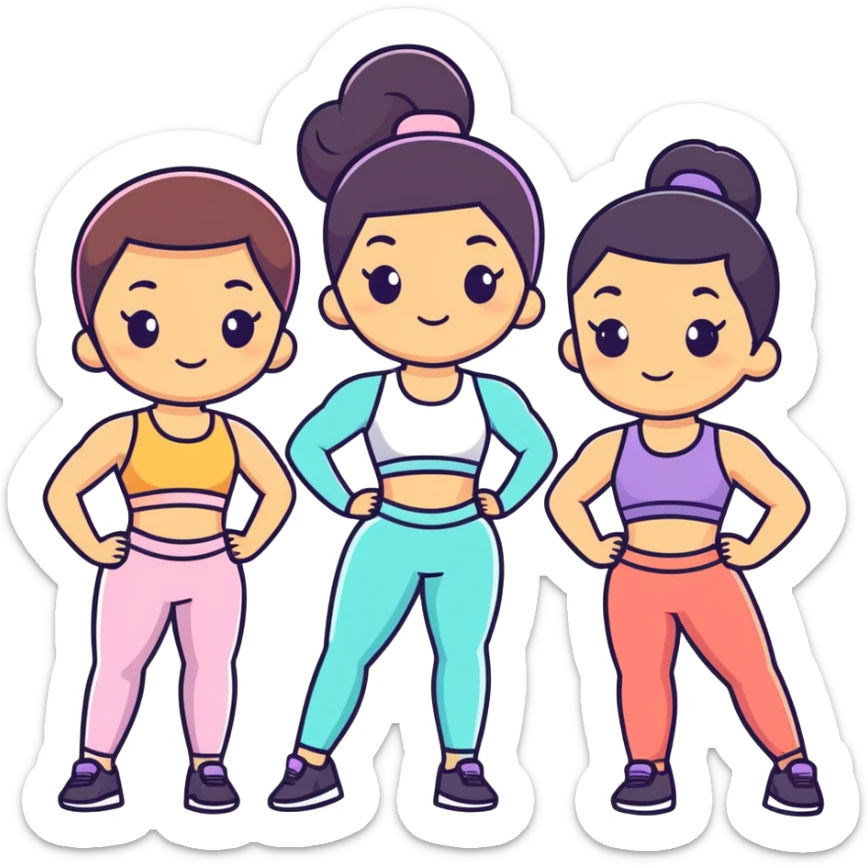 4 mixed races Pilates princesses in cute 2 piece workout sets (2 white girls, 1 Mexican, and 1 black girl) sticker