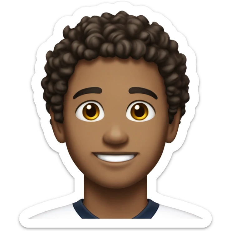 Boy, 20 years old, dark brown hair, hair short and curly, brown eyes, has freckles, smiling, wearing a white jersey with a number 52 sticker