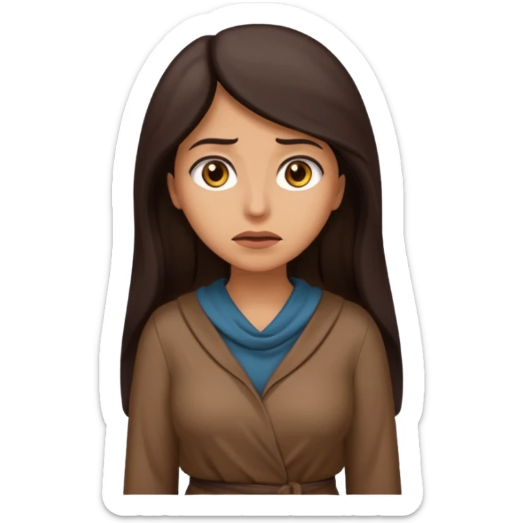 Cartoon emoji of a Middle Eastern-looking woman with long, loose dark hair, wearing chocolate-colored clothes. Full-height, standing, nervous, unsure, worried expression. Slightly hunched, anxious posture. Smooth, simple, stylized. sticker