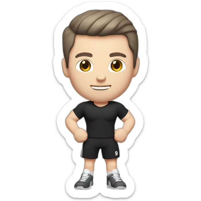 Pale skinned Fit Man With the biceps and dark brown hair in black shirt, gray sports shorts and white Sneakers Relies on the crossbar sticker