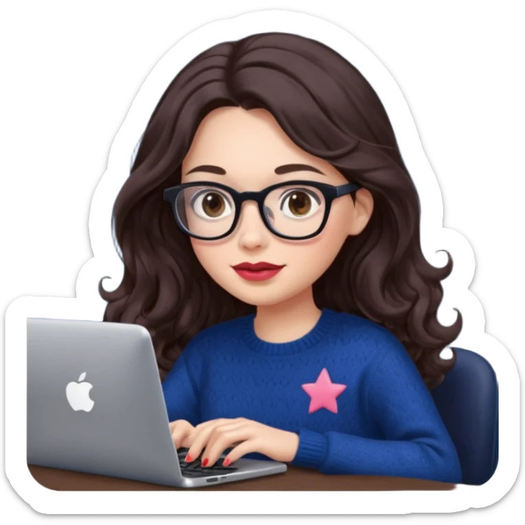 a white young woman with very long wavy dark brown/chocolate hair typing in a computer. she's using glasses, her lips are light red and her cheeks slightly pink. Her eyes are dark brown. She's using a dark blue knit sweater that has a tiny star in the middle   sticker