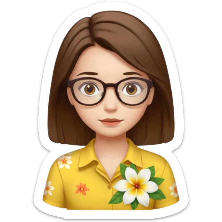 female with white skin. Shoulder length straight brown hair. Brown eyes with glasses. Hawaiian Flower in hair. Female wearing baby yellow shirt. sticker
