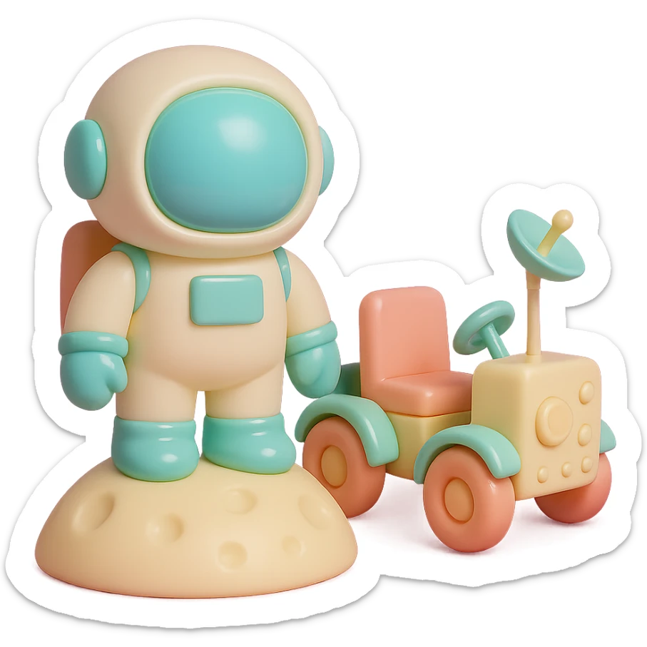 Add a detailed moon rover next to the vinyl figure style astronaut standing on the moon, keep the lunar surface details and original style sticker