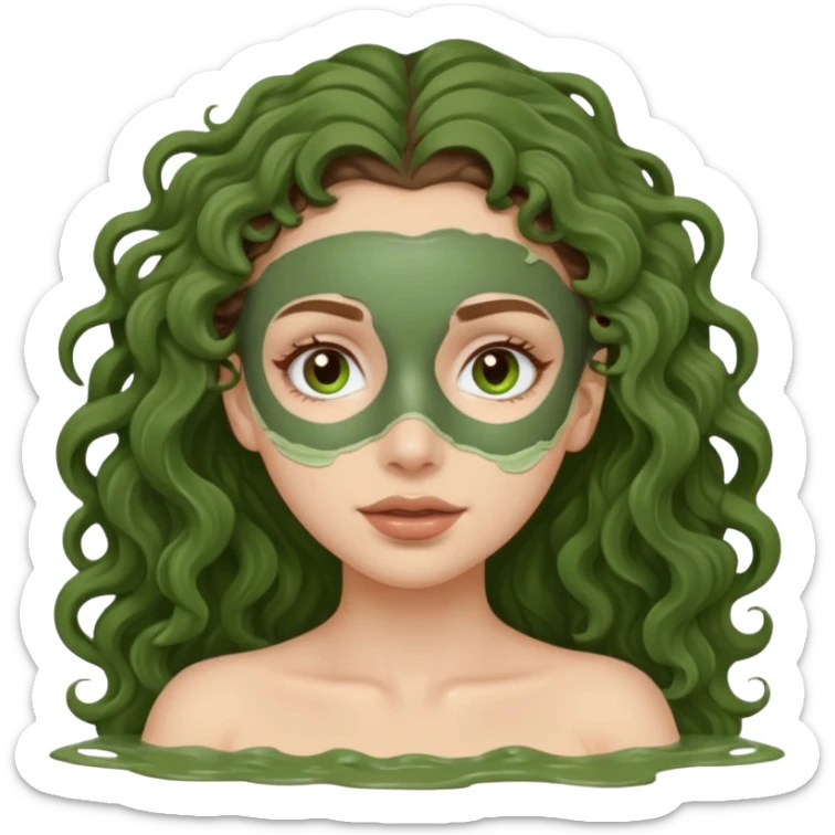 pale white girl with long brown curly hair green spa mud mask sticker