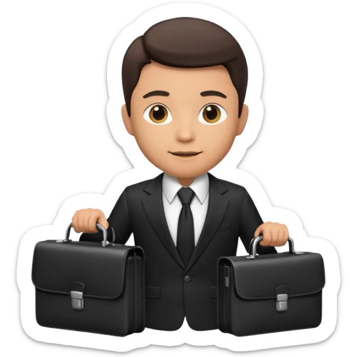 male memoji, elegant man in a black suit with tie, holding a briefcase, confident expression sticker