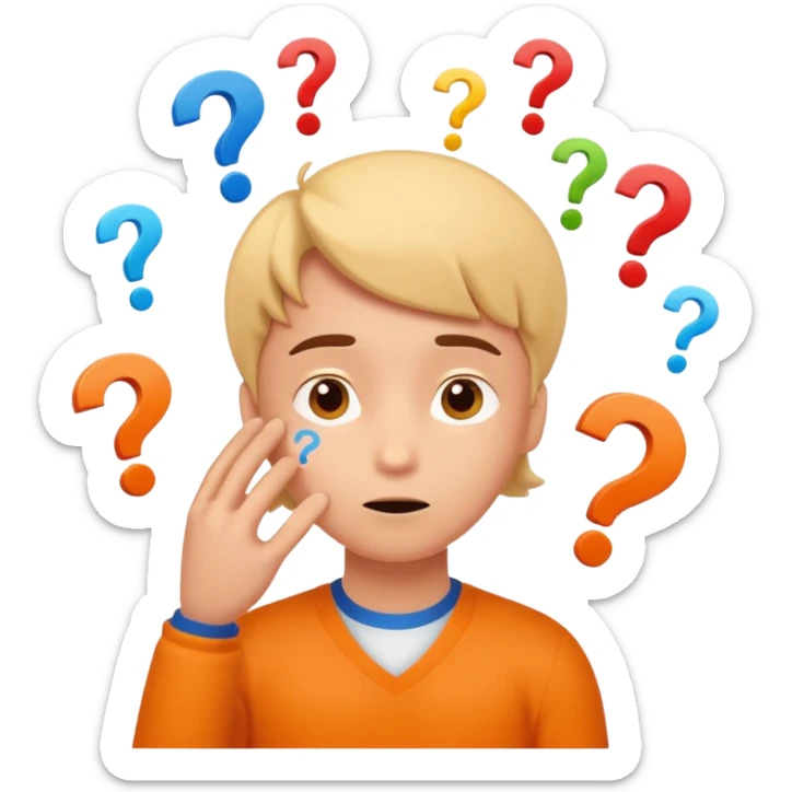Cartoon illustration of an animated character trying to guess a secret number, question marks floating around their head, thoughtful expression, playful and educational style, bright colors, simple background. sticker