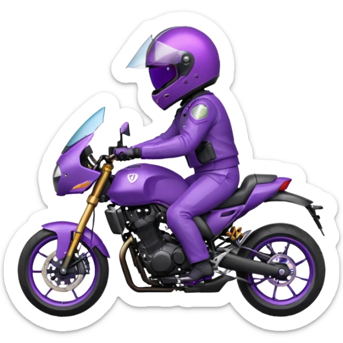 Créer un emoji avec une moto mt07 sport noir mate / violet iridescent très foncé. Avec une pilote dessus visière violet sombre faceless, bulle de la moto violet. Avec fond arrière violet, tenue complète casque inclus violet  sticker