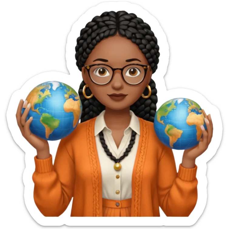 a young woman wearing fine gold round glasses and black hair in several box braids, no earrings, she has light black skin, and she's wearing a white shirt with an orange-terracotta cardigan on top. She's holding a globe in one hand sticker