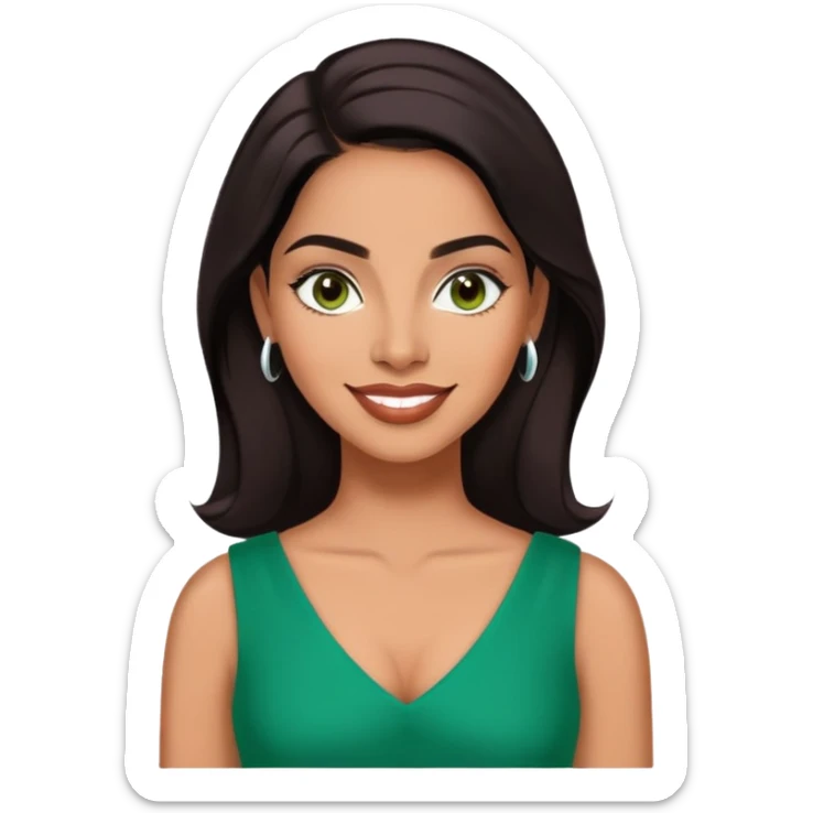 Professional portrait of Lynette Torres, Puerto Rican actress with radiant medium brown skin, charismatic expression, bright dark eyes, beautifully shaped eyebrows, charming smile, long sleek dark hair, wearing an elegant green top sticker
