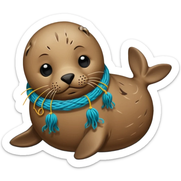 Realistic Seal Stauck with his head in a fishing yarn in the ocean, with plastic floating around sticker
