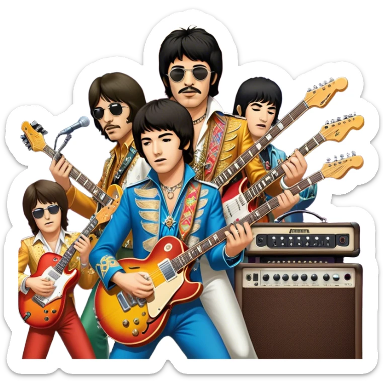 Rock music icon: dynamic collage of global rock legends like The Beatles, Jimi Hendrix, Elvis Presley, Led Zeppelin, Queen, and Nirvana, surrounded by guitars, amplifiers, and stage lights. Symbolizing the energy and power of rock music. Transparent background. sticker