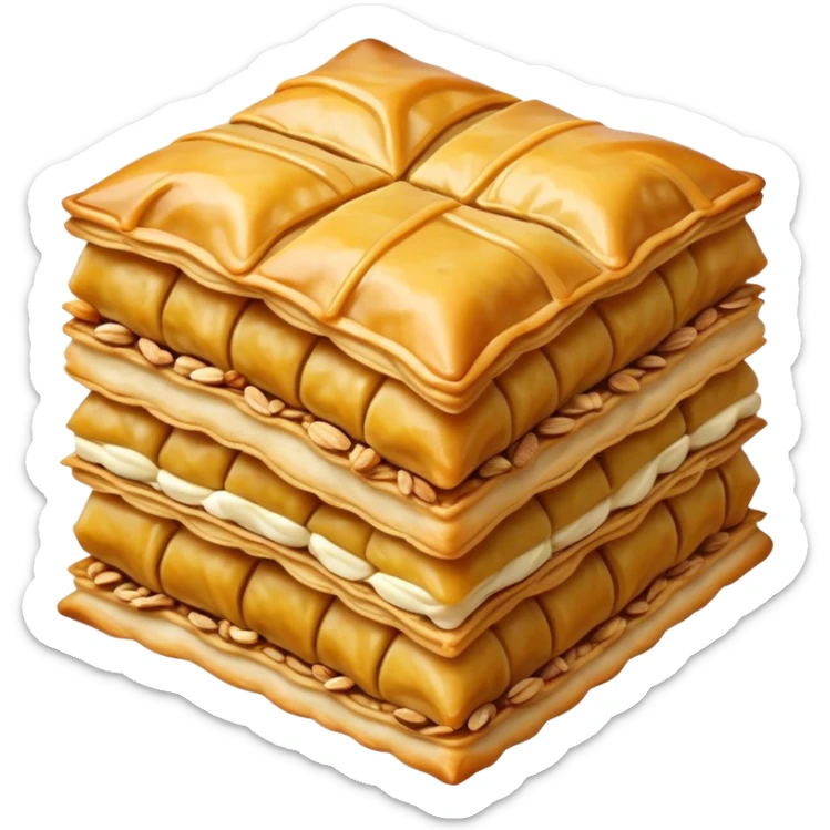 Cinematic Realistic Baklava Dessert Emoji, depicted as layers of flaky pastry with honey and nuts rendered with rich textures and warm, inviting lighting. sticker