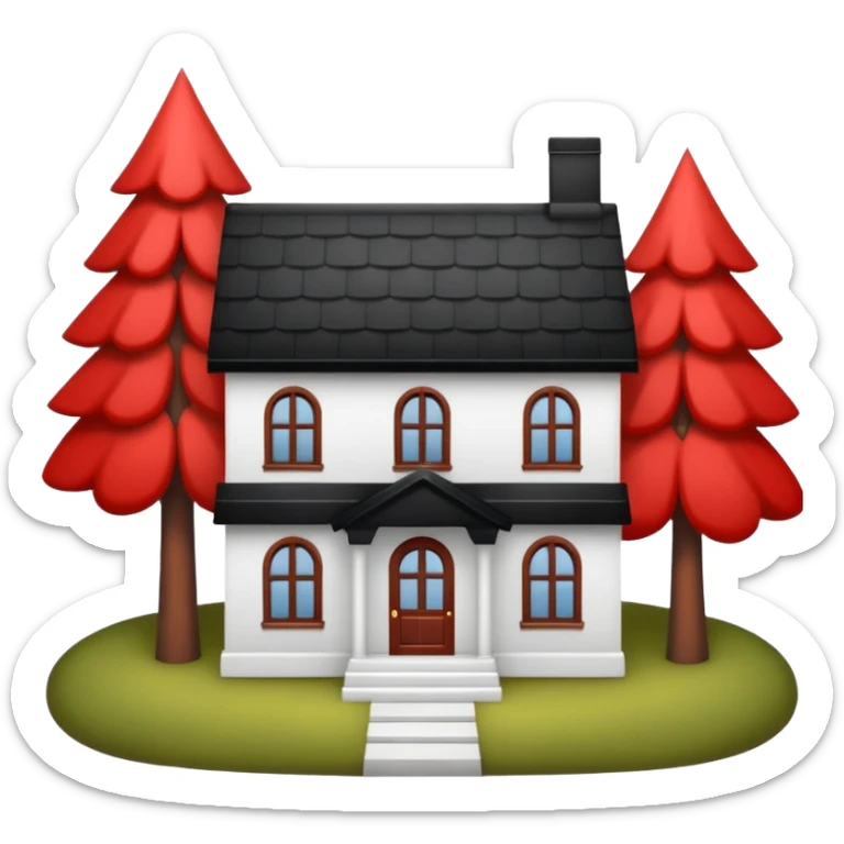 Dom z czarnym dachem i biała elewacja ze wstawkami z czerwonej cegły.Na drugim planie las. sticker