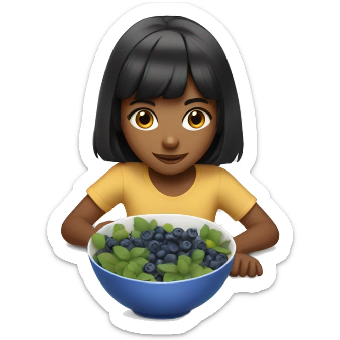 brown girl with black hair with bangs eating blueberries in bowl sticker
