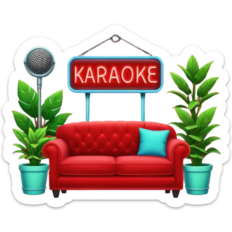 red velvet couch, mic in front, houseplants in back, and a neon sign saying "karaoke", and NO PEOPLE IN IT sticker