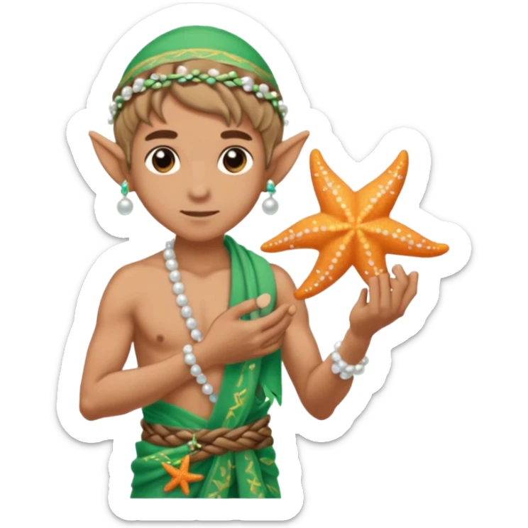 elf male Sarong with bioluminescent embroidery, armful of starfish, hair in a braid with pearl pins, pixel art style sticker