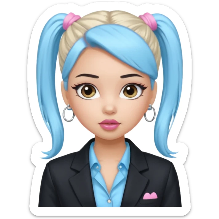 generate a pretty bratz girl wearing a light blue full sleeve shirt. silver small hoops, pink lipgloss, black blazer. black hair tied up in a ponytail sticker