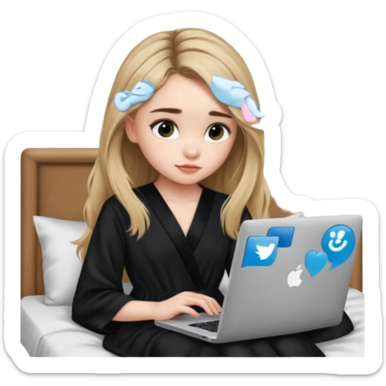Sabrina carpenter in a black nightdress sitting on a bed with her laptop open  sticker
