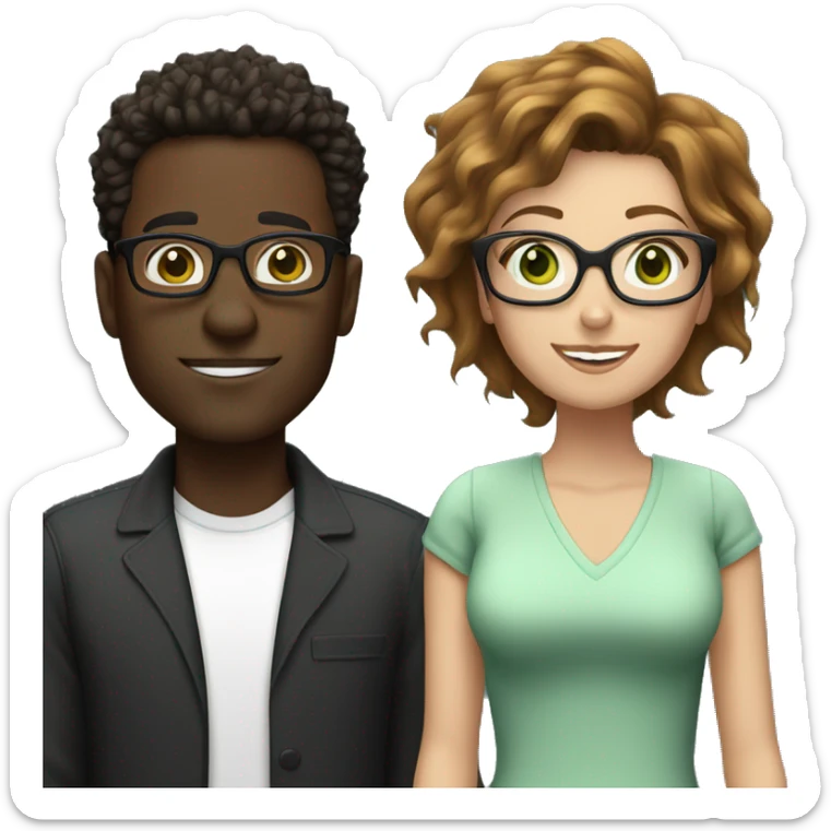 black male with spikey hair and glasses and white female with brown wavy hair , green eyes and glasses sticker