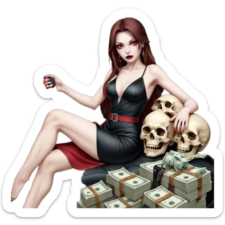 Lilith red eye seductress evil long brown haired sexy succubus woman with leather long dress with slit on, sitting in Big Large F350 pickup truck. Back seat full of stacks of cash, she is  Holding a human skull of her enemies and a gun in other hand sticker