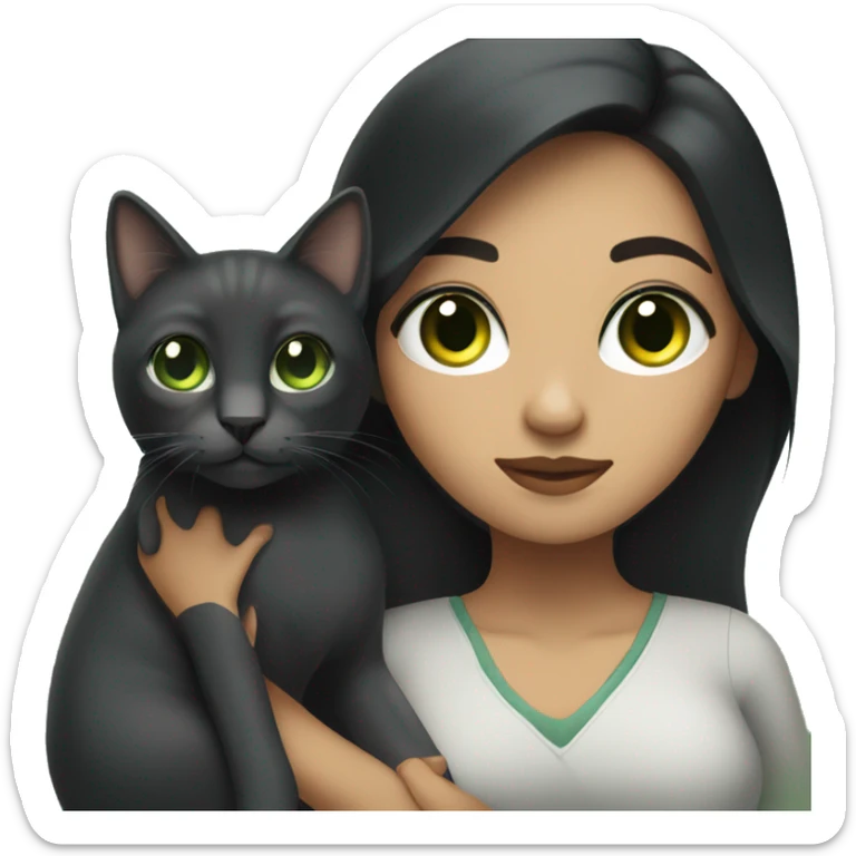 A Hispanic woman with  long black hair holding a Dark graycat with light green eyes sticker