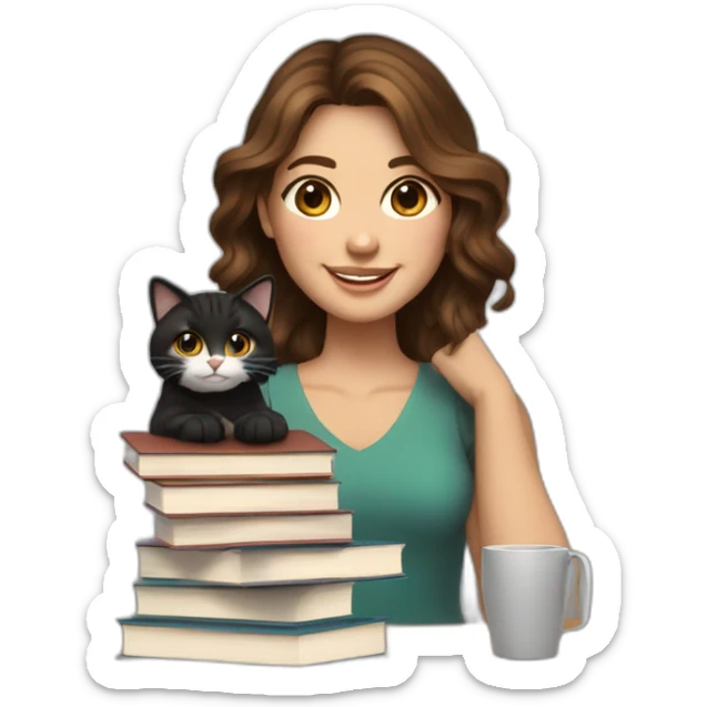 A smiling woman holding a stack of books, she has brown wavy hair in a middle part. There is a black and white cat sitting beside her. The woman has brown eyes  sticker