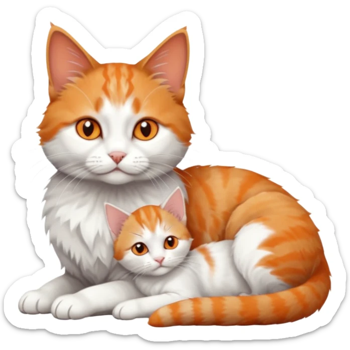 full body of a grey and white cat cuddling a very small + skinny ginger and white kitten with deep orange eyes and triangular shaped face lying down sticker