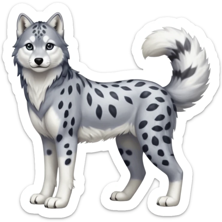 Realistic lanky natural feral beautiful pretty "Schnolf"-"TaniDaReal"-Husky-Snow-leopard-wolf-hybrid-fusion-animal-creature, full body, with whiskers, thick long fluffy puffy limp feline tail sticker