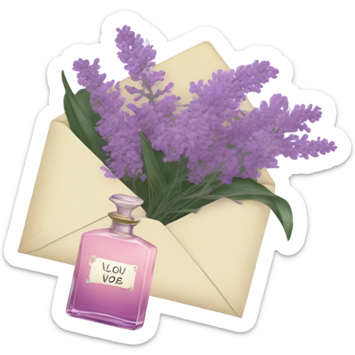 Aesthetic still life of soft violet mimosa flowers, a vintage-style pink perfume bottle, and a lavender love note delicately placed in an envelope.
 sticker