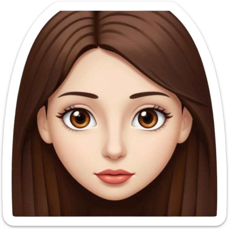 Una chica con piel muy clarita con pleo liso largo de color castaño y unos ojos marrones oscuro y labios grandes y nariz bonita y con unas pestañas sticker
