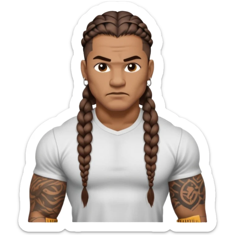 Samoan males with white t-shirt. long braided hair, very muscular, tattoos. street culture clothing. Tough and menacing. sticker