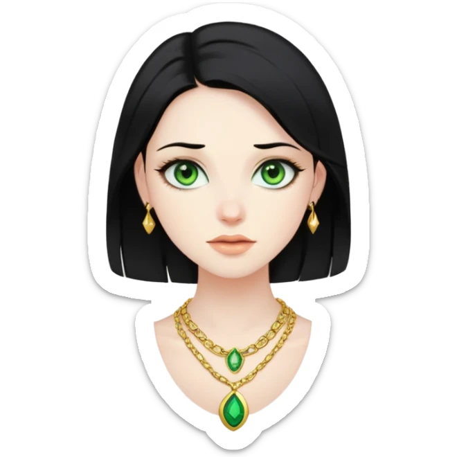 Human with pale skin and black hair green eyes a girl wearing a gold necklace  sticker