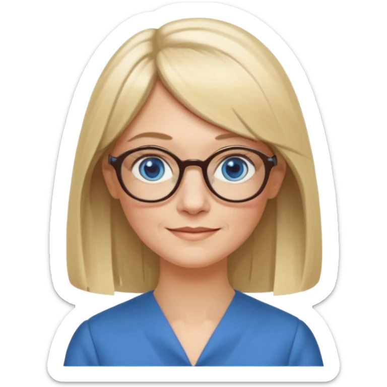 50 yr old white woman, hippie parted very long hair, short bangs, very long straight blond hair, oval face, small smile, blue eyes, thin face, hair downback, hair parted at center of head, round cheeks, pale, longer hair, business dress, long hair, big square glasses sticker