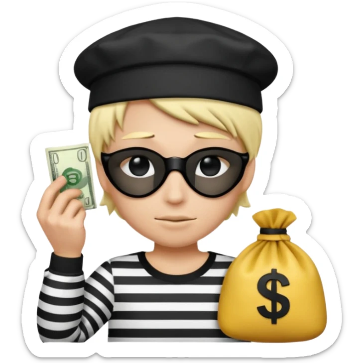 Realistic ios emoji-style portrait of a classic burglar, a black eye mask and a black-and-white striped shirt. emoji-like hair, black hat, a bag of money 💰 with a dollar sign in a right corner, mean expression  sticker
