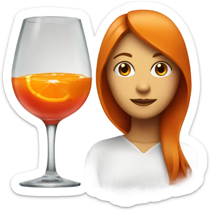 A glass with a red/orange liquid and an orange slice and too women behind it with a slightly buzzy face sticker