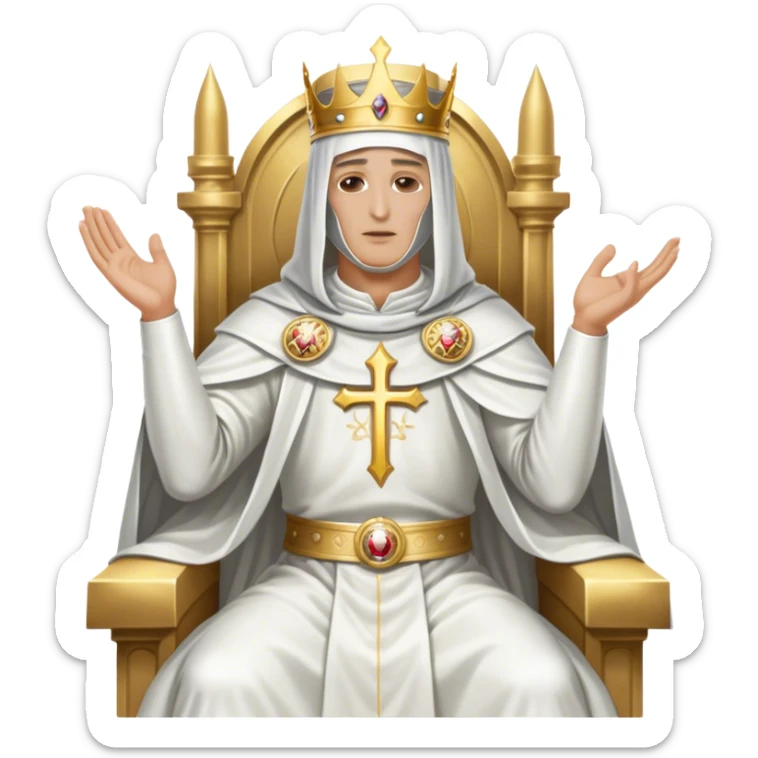 King Baldwin IV from Kingdom of Heaven, sitting on a throne in a holy white costume. He wears a silver mask covering his face, his head slightly bowed, and his right hand raised in a blessing gesture. sticker