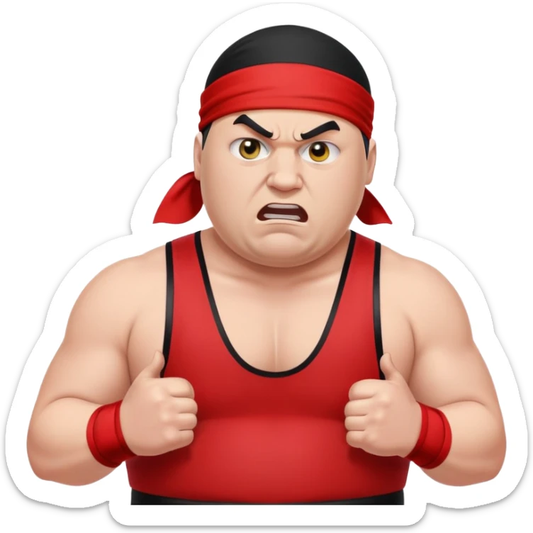 Close-up of white skin fat guy no muscle with prominent black durag, completely shaved face, no beard or mustache, black eyes in a red and black wrestling singlet with angry face sticker