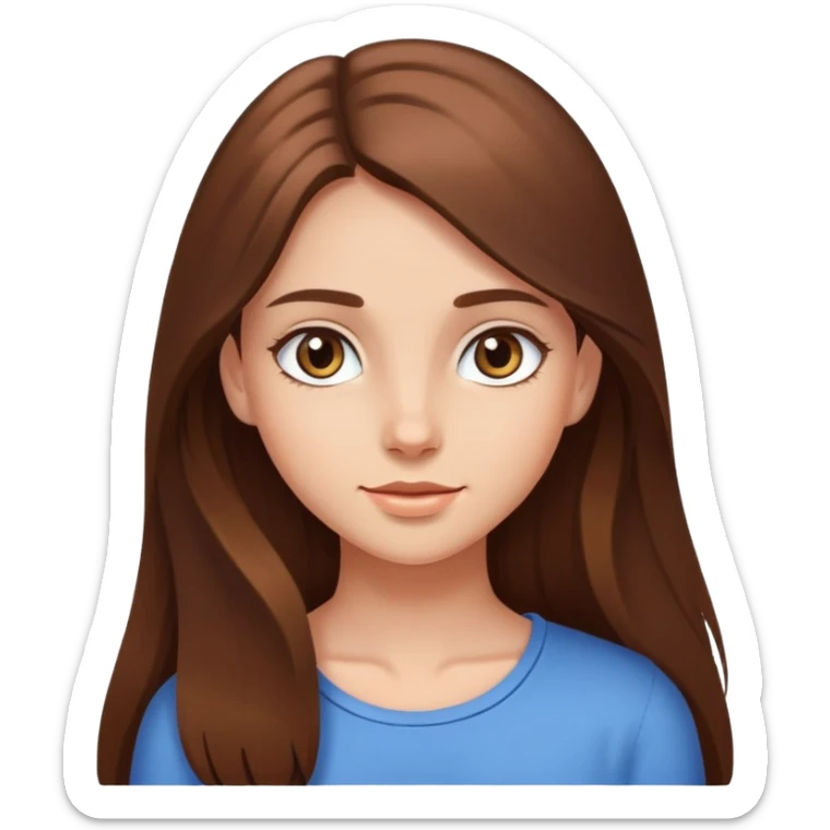 In the photo, the girl has long brown hair that falls around her shoulders. Her skin looks smooth, and she has a friendly. Her eyes are likely bright and engaging, sticker