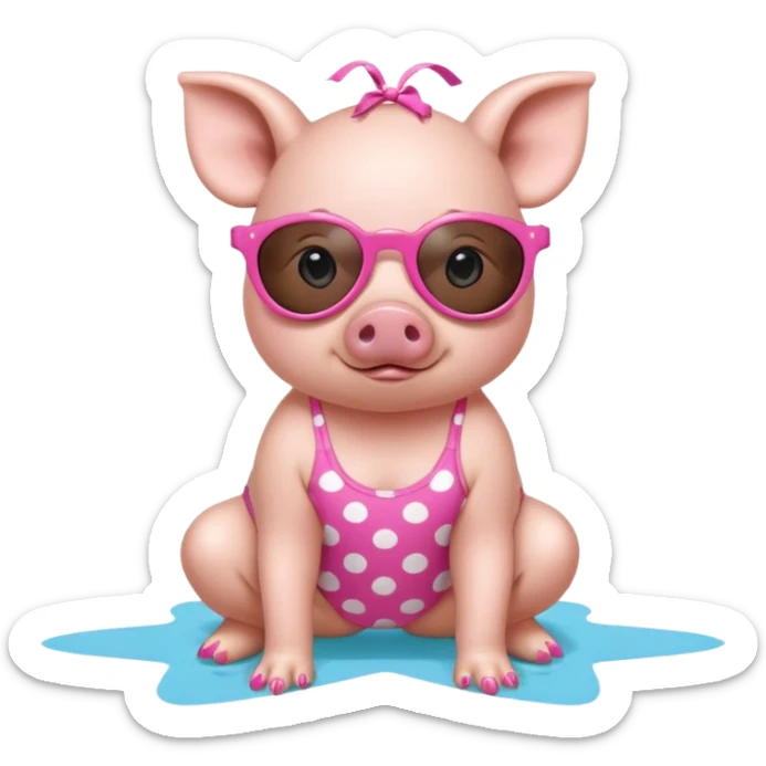cute pig wearing  star-shaped sunglasses and polka dot bathing suit on all fours with nail polish sticker