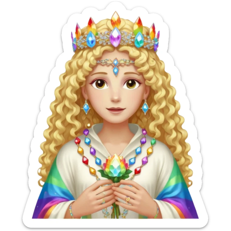 a being made of light pleidian nordic long faces and curly blond hair but beautiful features of light wearing jewels and a rainbow halo like a saint arount herwith a robe on made of light and diamonds semi transparent belly dancer and who is lanky holding a bouquet of crystal flowers on rainbow fire sticker