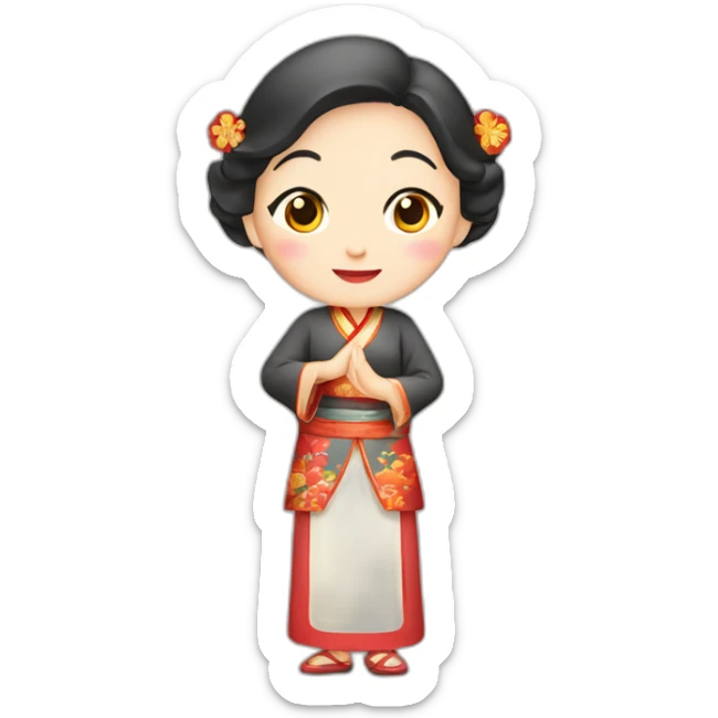 Chinese middle aged lady wear Chinese traditional dresses with a sign of agreeable gesture sticker