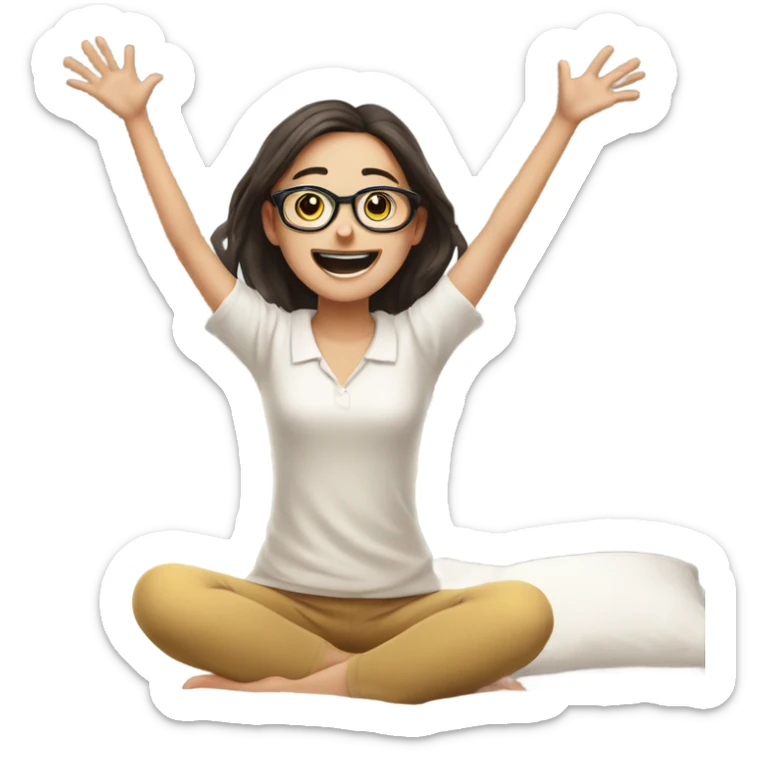Happy pale girl wearing glasses wakes up in bed and stretches hands up in the air  sticker