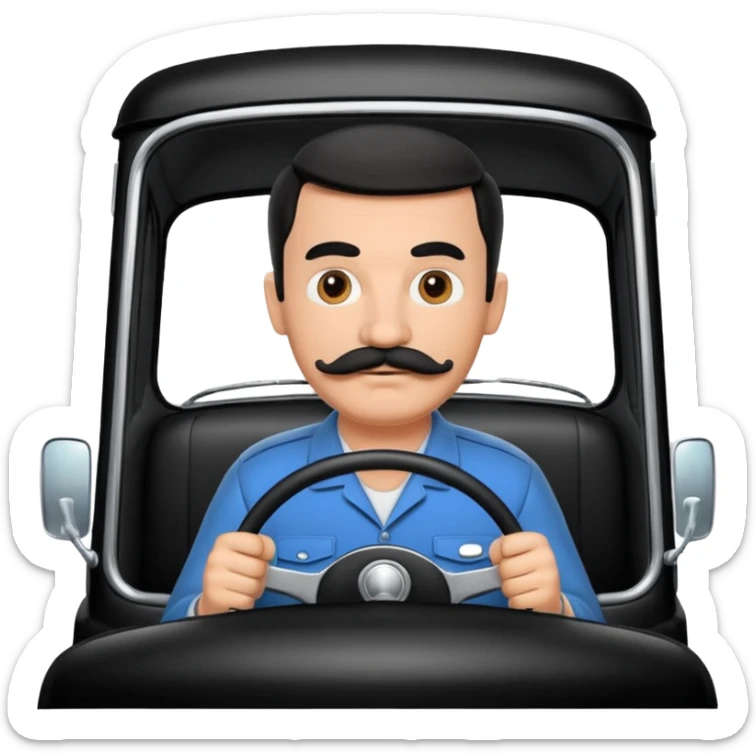 Have him driving a car truck in cartoon from the 1960’s with a mustache in black and white sticker