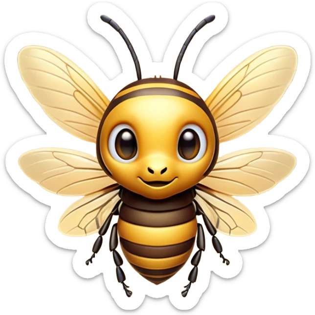 Cinematic Cute Hornet Portrait Emoji, Head tilted playfully and inquisitively, featuring a compact, delicately striped body with adorable, round eyes and subtly detailed wings, Simplified yet irresistibly adorable features, highly detailed, glowing with a warm, inviting glow, high shine, affectionate and lively, stylized with a touch of whimsical insect charm, soft glowing outline, capturing the essence of a mischievous yet endearing hornet that seems as if it could buzz out of the screen into your arms! sticker