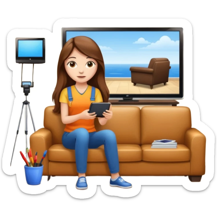 beautiful girl with long brown hair constructing new lounge room area with flat screen tv and couch sticker